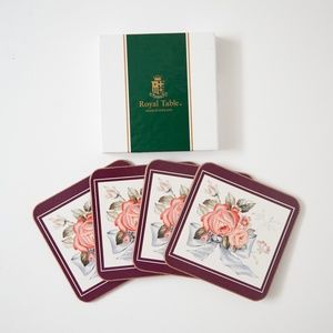 Vintage English Roses & Ribbons Floral Cork Coasters - Set of 4